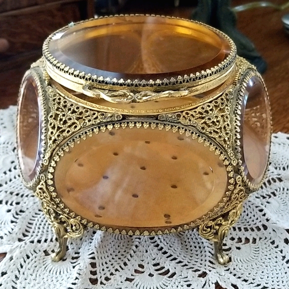 Vintage French Brass Filigree Amber Beveled Glass Ormulu Jewelry Box Casket - Picture 4 of 16